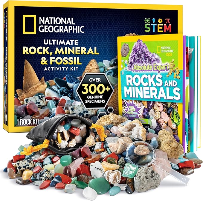 National Geographic Rock Collection Box for Kids – 300 Piece Rock Set with Real Fossils, Gemstones, and Crystals- Includes Absolute Expert: Rocks & Minerals Full-Color Book