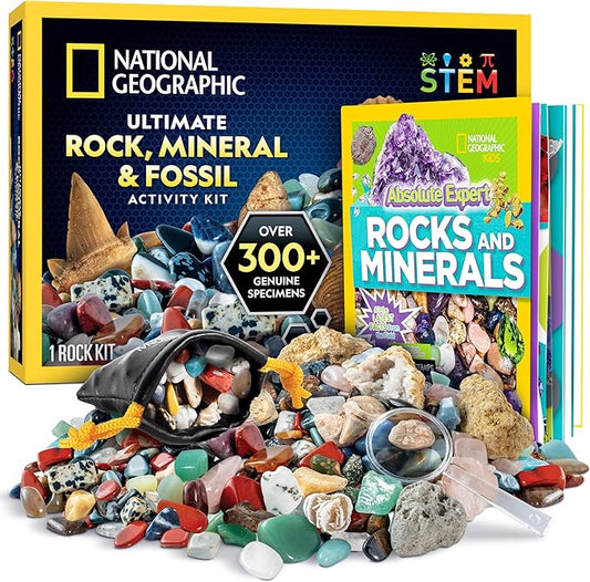 National Geographic Rock Collection Box for Kids – 300 Piece Rock Set with Real Fossils, Gemstones, and Crystals- Includes Absolute Expert: Rocks & Minerals Full-Color Book