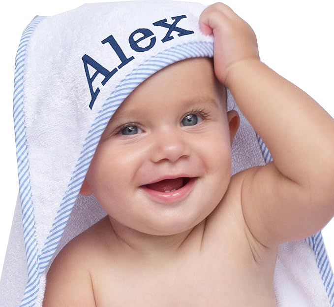 My Personal Memories Personalized Baby Hooded Bath Towel - Monogrammed for Girl and Boy - Embroidered (White with Blue)