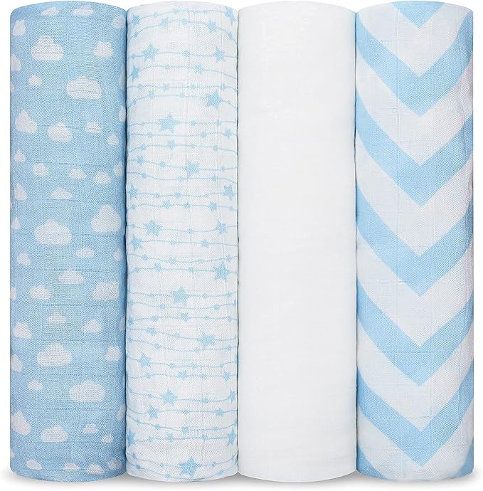 Comfy Cubs Muslin Swaddle Blankets Pack of 4, 47 x 47 Inches, Soft Cotton Baby Blanket Set, Large Multipurpose Swaddling Wraps for Newborns - Self-Soothing Swaddle - Blue