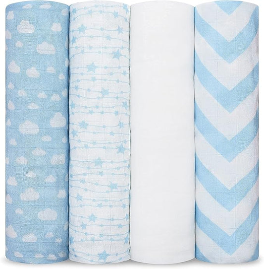 Comfy Cubs Muslin Swaddle Blankets Pack of 4, 47 x 47 Inches, Soft Cotton Baby Blanket Set, Large Multipurpose Swaddling Wraps for Newborns - Self-Soothing Swaddle - Blue
