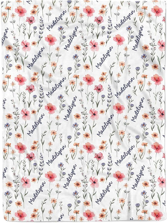 Custom Baby Blankets for Boys, Customized Baby Boy Gifts with Name, Personalized Baby Blankets, Soft Plush Fleece (Wildflower HPTM36)