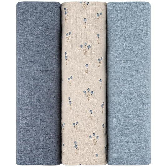 Ely's & Co. Muslin Swaddle Blanket 3-Pack for Baby Boy— 100% Cotton Muslin Extra-Large Swaddle Blankets (47”x 47”) Blue Bluebell