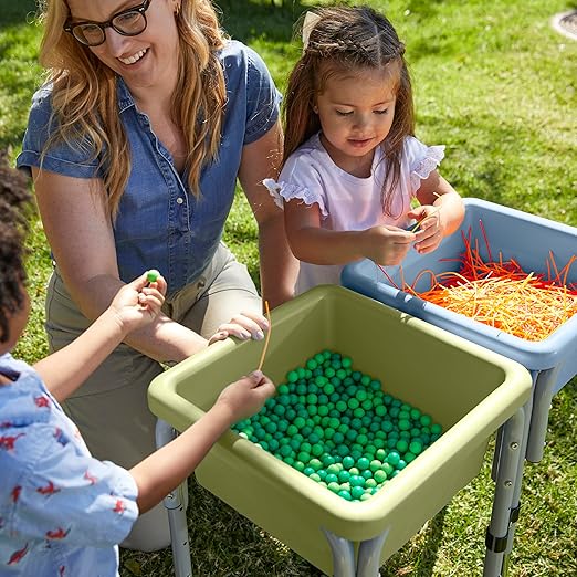 ECR4Kids 2-Station Sand and Water Adjustable Play Table, Sensory Bins, Fern Green/Powder Blue