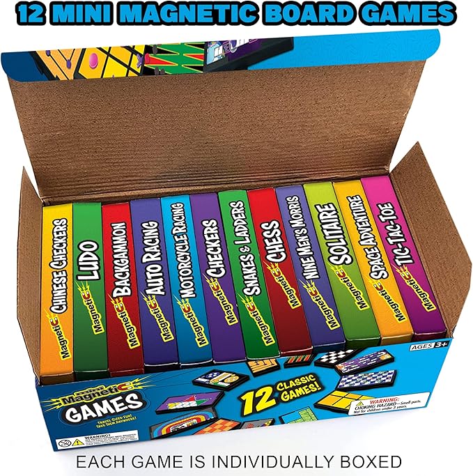 Gamie Magnetic Board Travel Games for Kids, Set Includes 12 Retro Fun Games - 5" Compact Design - Individually Boxed - Teaches Strategy & Focus, Great for Road Trip/Travel/Camping, Gift for Ages 6+