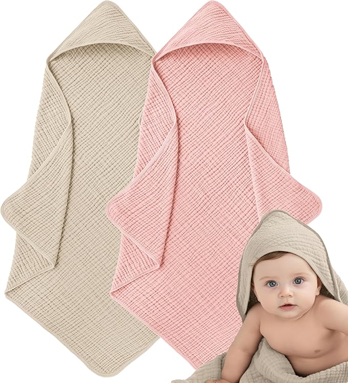 Muslin Hooded Baby Towels for Newborns, 32"x32", 100% Cotton – 6 Layers Super Soft Absorbent Breathable, Baby Bath Towel, Toddler Bath Towel – Pack of 2