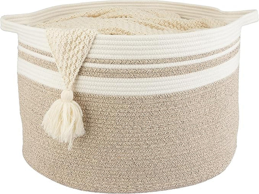 Large Cotton Rope Basket Blankets Basket Living Room 22"x14" Toy Baskets for Kids Rope Storage Basket for Nursery Woven Laundry Baskets for Clothes Towels Baby Toy Storage round white brown
