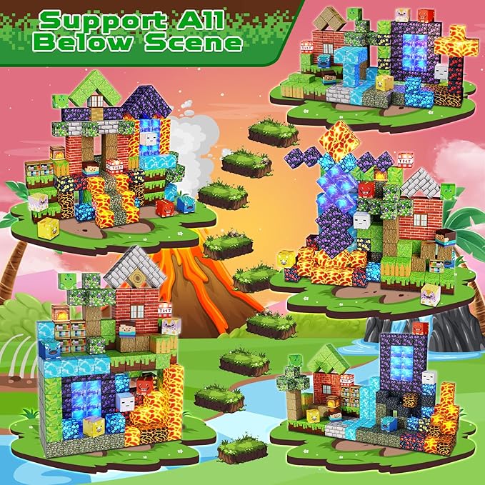 Magnetic Blocks - 150 PCS Dinosaur Volcano Forest Castle Set with Light Up Blocks - Kids Classroom Sensory Toy for Toddlers STEM, Construction Stacking Toy Kids 3+ Boys Girls Christmas Birthday Gifts