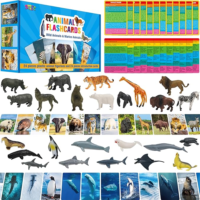 24PCS Animal Figurines with 24 Introducing Flashcards, Wild & Marine Animal Figures Safari and Underwater Creature Learning Montessori Toys Science Educational Matching Game for Homeschool, Kids