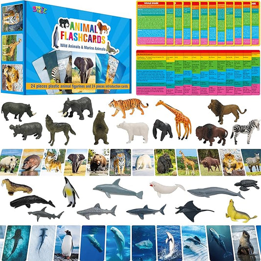 24PCS Animal Figurines with 24 Introducing Flashcards, Wild & Marine Animal Figures Safari and Underwater Creature Learning Montessori Toys Science Educational Matching Game for Homeschool, Kids