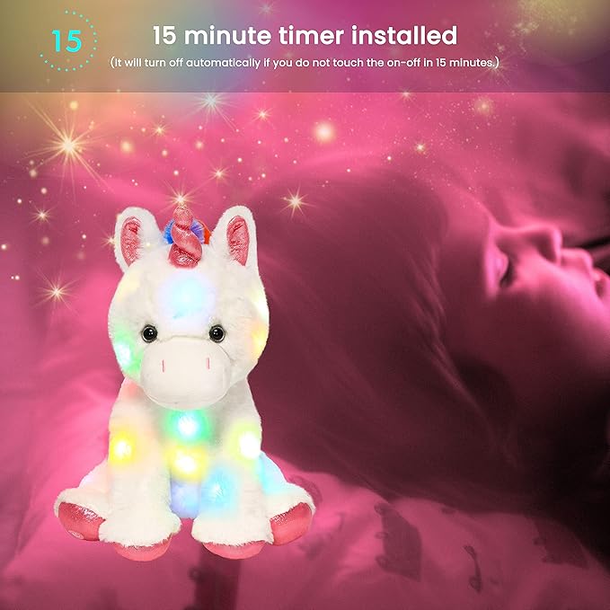 Hopearl LED Plush Unicorn Lighting Up Stuffed Animal Floppy Night Lights Glow in The Dark Birthday Festival for Kids Toddler Girls, White, 13''