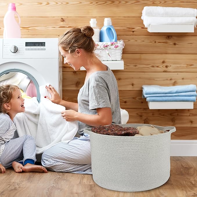 Large Cotton Rope Basket – 22"x14" Woven Storage Baskets for Blankets, Toys, Laundry, and Nursery – Round Basket for Living Room, Kids, and Pets Grey