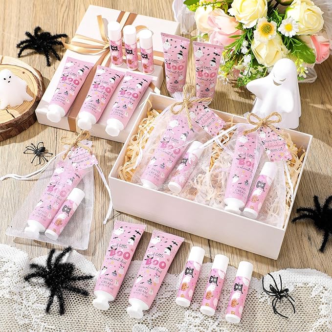 24 Sets Halloween a Little Boo Is Almost Due Baby Shower Hand Cream and Lip Balm Gift Travel Size Hand Lotion and Lip Balm with Organza Bags Tags Pink Black Halloween Baby Shower Favors for Guests