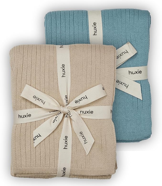 Knitted Organic Cotton Baby Blanket- Swaddle Blanket, 30" x 40" Soft Receiving Blanket for Newborn 2-Pack (Fog and Polar Blue)