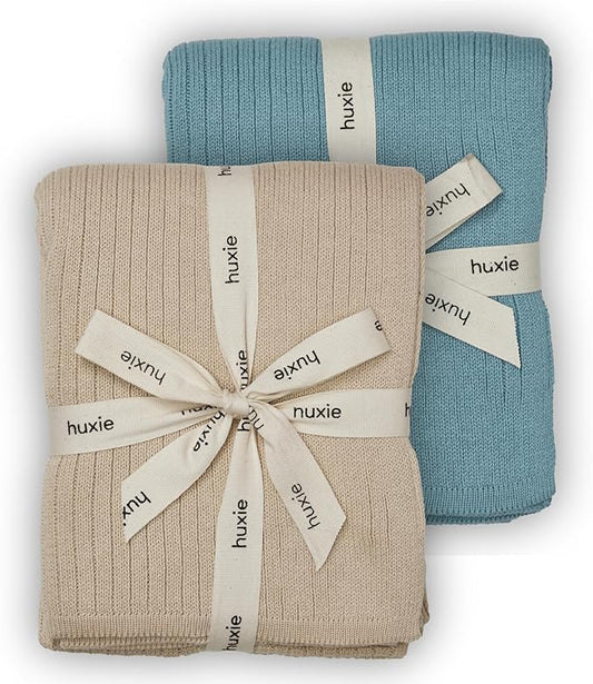 Knitted Organic Cotton Baby Blanket- Swaddle Blanket, 30" x 40" Soft Receiving Blanket for Newborn 2-Pack (Fog and Polar Blue)