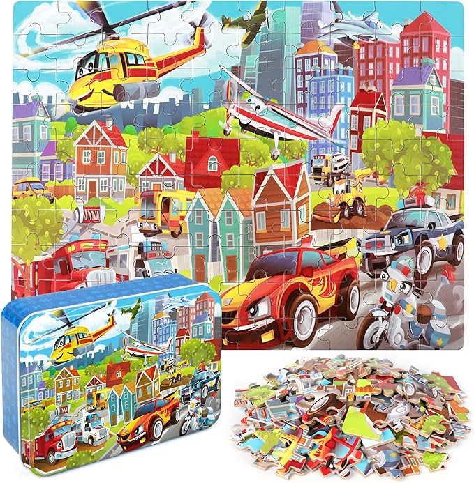 LELEMON Puzzles for Kids Ages 4-8 Transportation Vehicles Jigsaw Puzzles for Kids Boys Girls 100 Pieces Fire Truck Car Learning Educational Puzzles in a Metal Box
