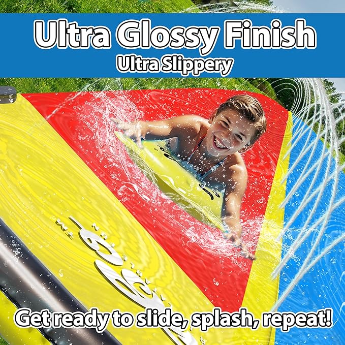 JAMBO 22.5ft Double Lane Slip Splash and Slide with 2 Bodyboards with Built in Sprinkler for Backyard Outdoor Water Fun for Kids