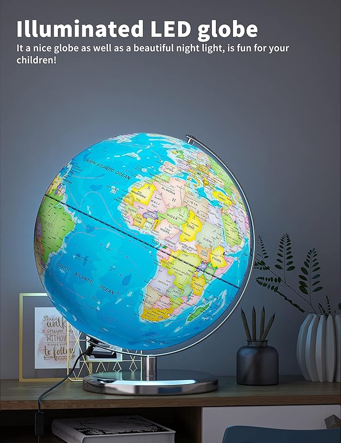 13" World Globe with Stand, Illuminated Educational Globes with HD Printed Map for Kids Classroom Learning, LED Globe Lamp with Stable Heavy Metal Base