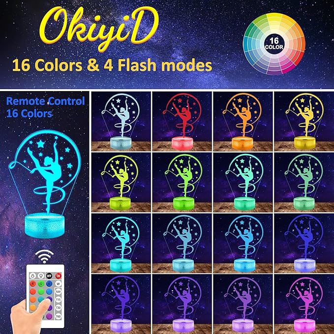 Gymnastics Stuff Gifts for Girls,Artistic Gymnastics 3D Night Light Illusion Lamp for Kids Women Friends Coach Gymnast Birthday Christmas Gifts,16 Colors Lighting with Remote