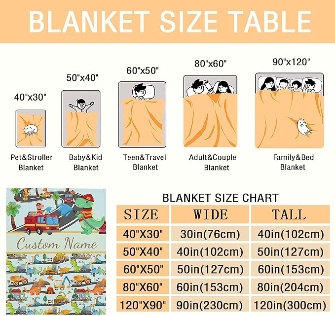 Personalized Dinosaur Fire Truck Custom Baby Blanket with Name - Swaddle Blanket for Toddlers, Infants, Kids - Shower, Newborns, Nursery, Stroller, Crib Decor, Throw, Birthday Gift