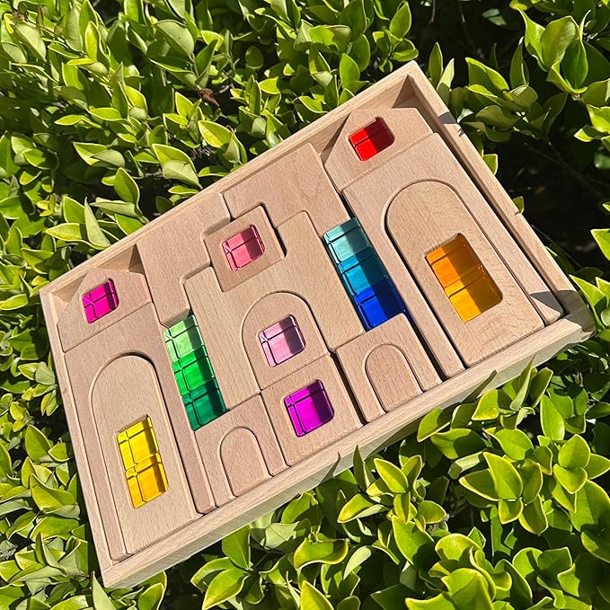 31PCS Wooden Castle Arch Building Blocks Set with Colorful Acrylic Inserts, Educational Construction Toy for Toddlers (31PCS Colorful House)