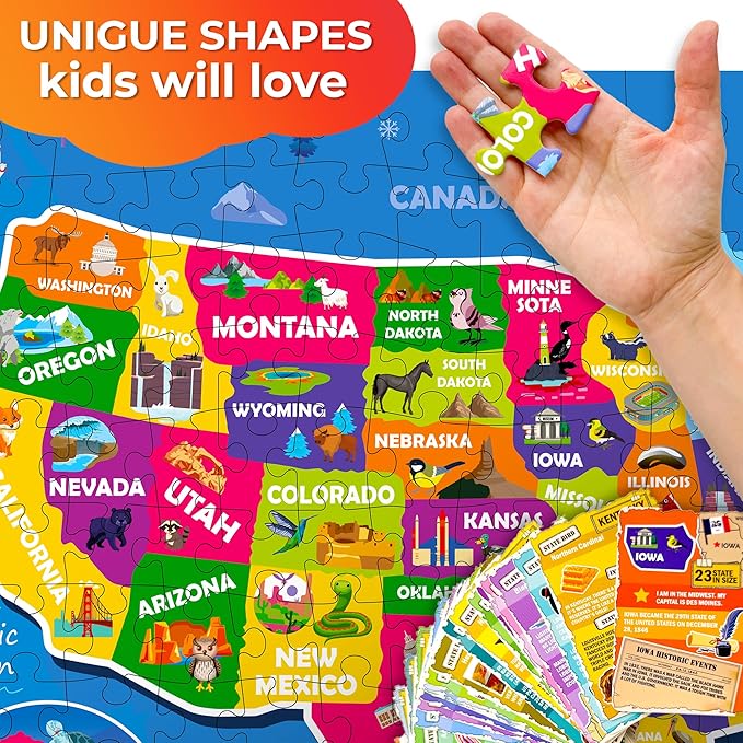 QUOKKA Puzzles for Kids Ages 8-10 - 150 Pcs Jigsaw Puzzles for 6-8 Year Olds - 400+ Facts on 50 Double - Sided Flashcards - Learn USA Education Activity Gift - Shaped Puzzle for Toddlers 4-6