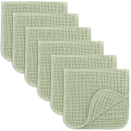Comfy Cubs Muslin Burp Cloths 20" x 10", Pack of 6 - Large, 6-Layer, Ultra Absorbent 100% Cotton for Baby Drool and Messes - Soft, Safe & Gentle Baby Burp Cloths Set for Boys & Girls - Sage