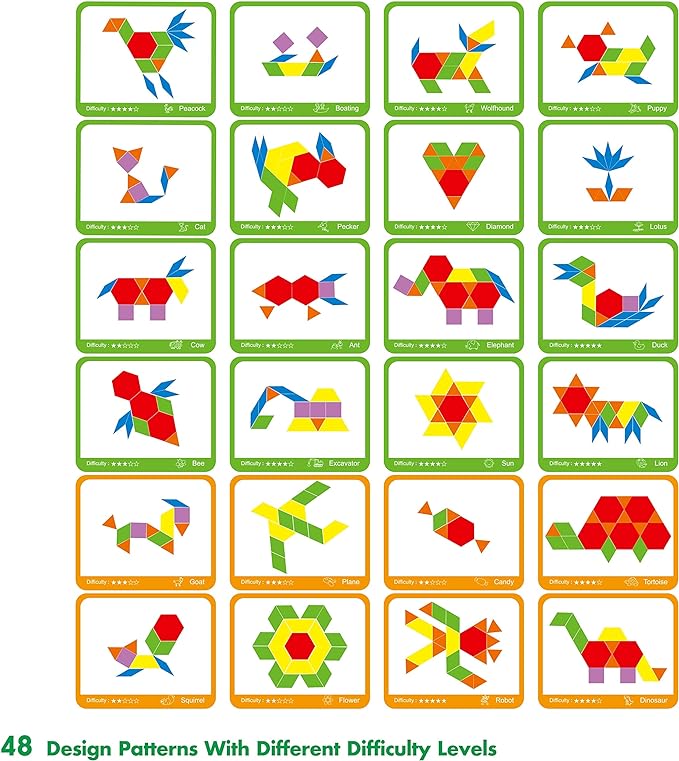 300 PCS Wooden Pattern Blocks Set for Kids with 24 Double-Sided Design Cards(48 Patterns) and Storage Bag in Gift Box,Fun Montessori Learning Toys