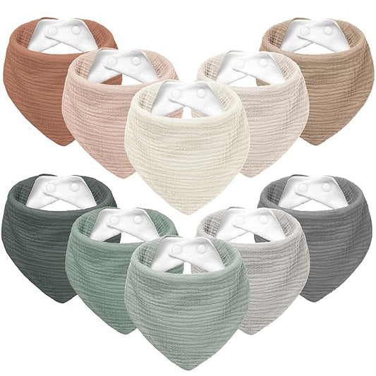 Susurration Muslin Baby Bibs 10Pack Baby Bandana Drool Bibs Soft Adjustable Newborn Bibs for Unisex Baby Girls & Boys (Greygreen)