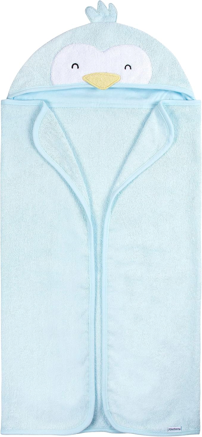 Gerber Baby 4 Piece Animal Character Hooded Towel and Washcloth Set, Blue Penguin, One Size