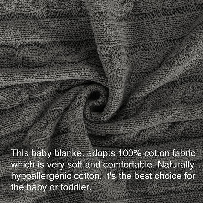 NTBAY 100% Pure Cotton Cable Knit Toddler Blanket, Super Soft Warm Breathable 30x40 Baby Blanket for Crib, Stroller, Nursery, Travel, Newborn, 30x40 Inches, Grey