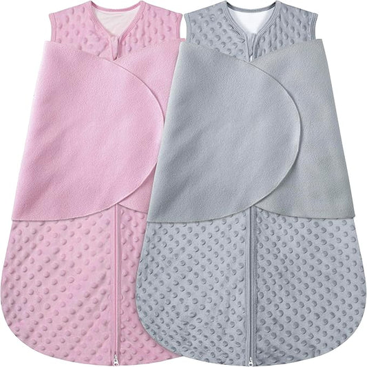 Fleece Newborn Sleep Sack Baby Swaddle,3-Way Adjustable Wearable Blanket,2 Pack Fleece Swaddling Sleeping Bag TOG 2.0， (Gray & Pink, 0-3 Months)