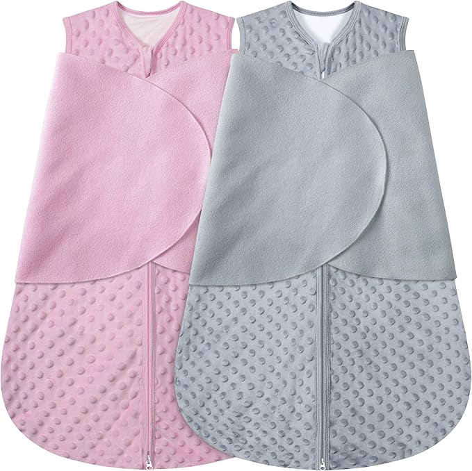 Fleece Newborn Sleep Sack Baby Swaddle,3-Way Adjustable Wearable Blanket,2 Pack Fleece Swaddling Sleeping Bag TOG 2.0， (Gray & Pink, 6-12 Months)