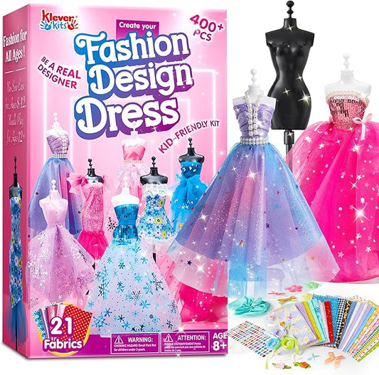 Klever Kits 400+PCS Fashion Design Crafts for Kids, Art and Crafts, DIY Sewing Kits with 3 Mannequins for Girls Aged 8-12, Birthday Presents, Toys for Kids