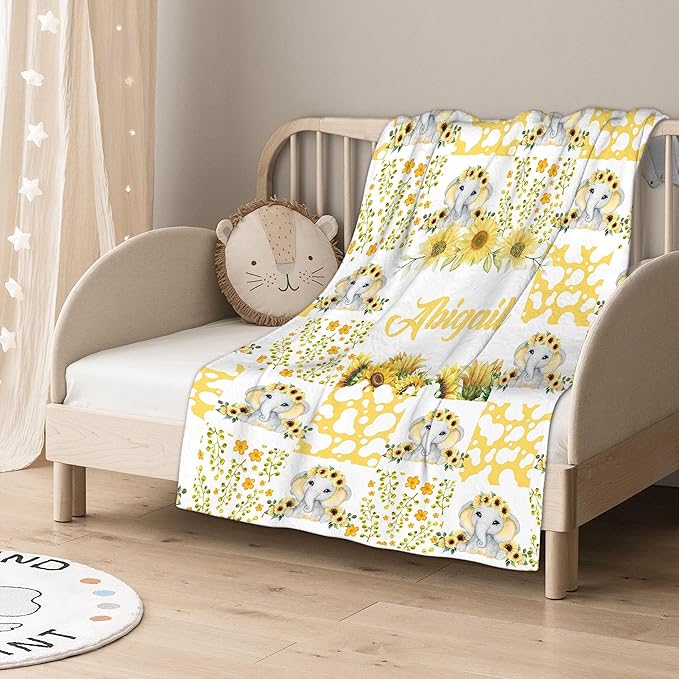 Personalized Baby Blanket for Girls Boys Elephant Custom Baby Blanket with Name Swaddle Blanket for Toddlers Infants Kids Shower Newborns Nursery Stroller Crib Decor Throw Birthday Gift