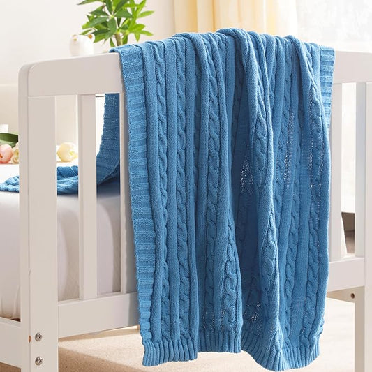NTBAY 100% Pure Cotton Cable Knit Toddler Blanket, Super Soft Warm Breathable 30x40 Baby Blanket for Crib, Stroller, Nursery, Travel, Newborn, 30x40 Inches, Azure Blue