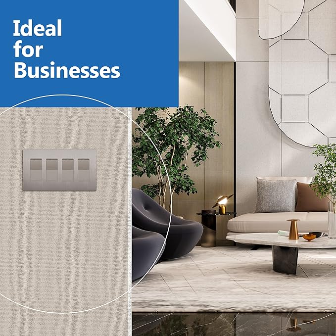 LIDER Brushed Finish Decorator Switch Cover, Screwless Wall Plate, Mid-Size 4-Gang 4.88" x 8.58", Unbreakable Polycarbonate Thermoplastic, UL Listed, LSWP-34M-BNK, Brushed Nickel