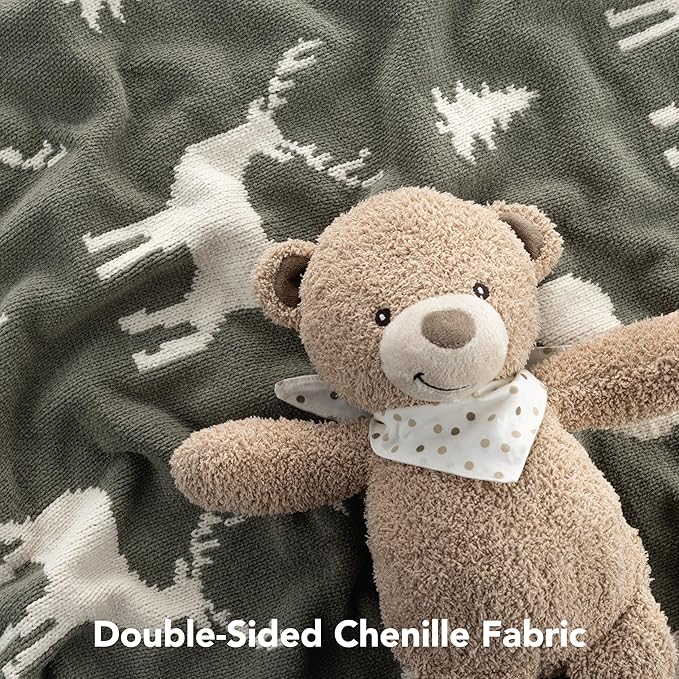 Berkshire Baby Blanket,Ultra-Plush Reversible Chenille Knit Toddler Blanket,Cute Pattern Nursery Crib Blanket,Ideal Baby Gift(30x40 Inches,Woodland Deer Farmhouse Sage)