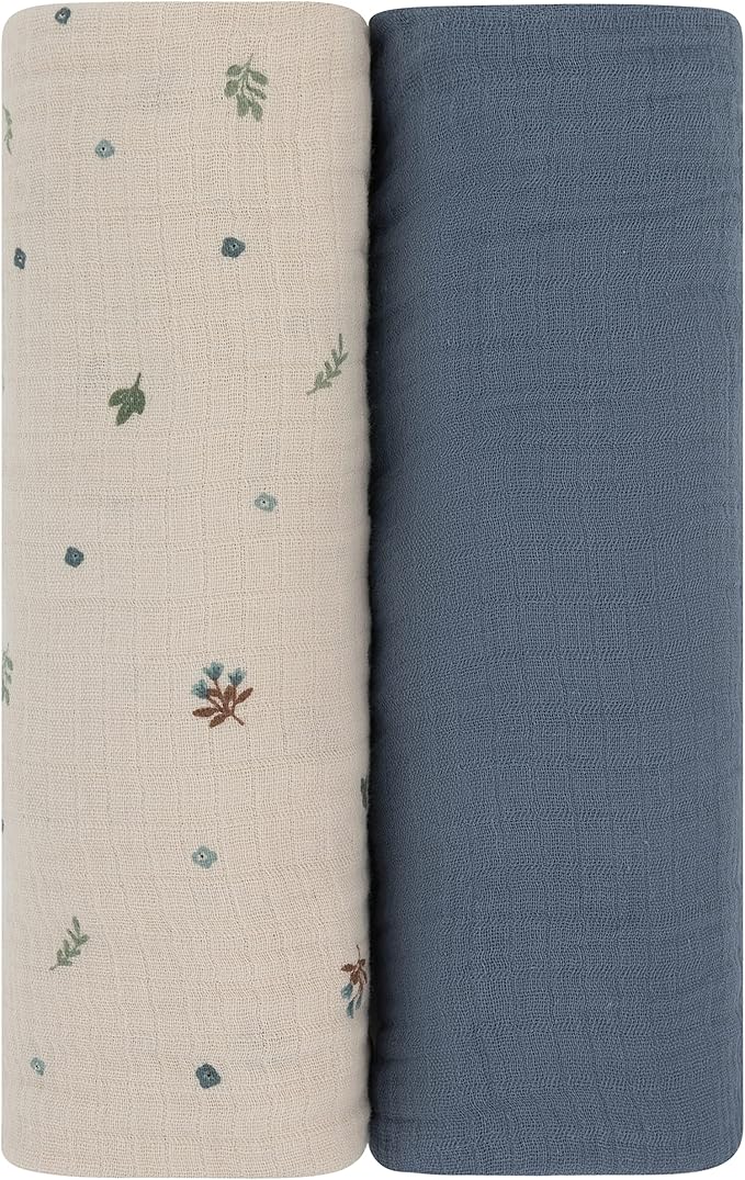 Ely's & Co. Muslin Swaddle Blanket 2-Pack — 100% Cotton Muslin Extra-Large Swaddle Blankets (47” x 47”) Solid + Printed (Blue Garden Flower)