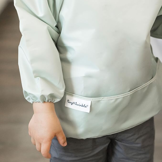 Tiny Twinkle Long Sleeve Bib for Babies & Toddlers – Waterproof Smock Bib for Eating – Machine Washable & Mess-Proof, Baby Feeding Essential & Shower Must-Have(Sage Green, 2-4Y)