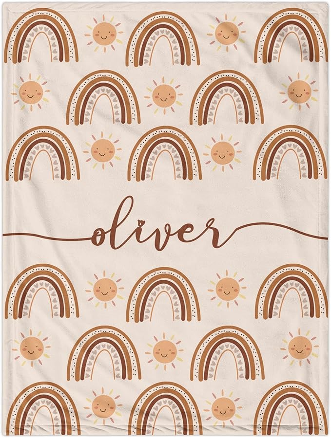 Custom Baby Shower Nursery Blanket, Personalized Blankets with Name, Customized Boho Rainbow Blanket for Girl, Newborn Baby Girls Shower Gifts for Christmas Birthday