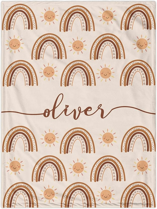 Custom Baby Shower Nursery Blanket, Personalized Blankets with Name, Customized Boho Rainbow Blanket for Girl, Newborn Baby Girls Shower Gifts for Christmas Birthday