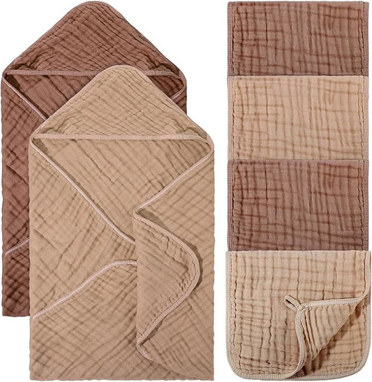 VitalCozy 6 Pcs Baby Muslin Hooded Bath Towels and Washcloths, 32 x 32 Inch Muslin Cotton Hooded Baby Towels Absorbent Hooded Blankets for Gift Newborn Infant Shower (Brown,Coffee)
