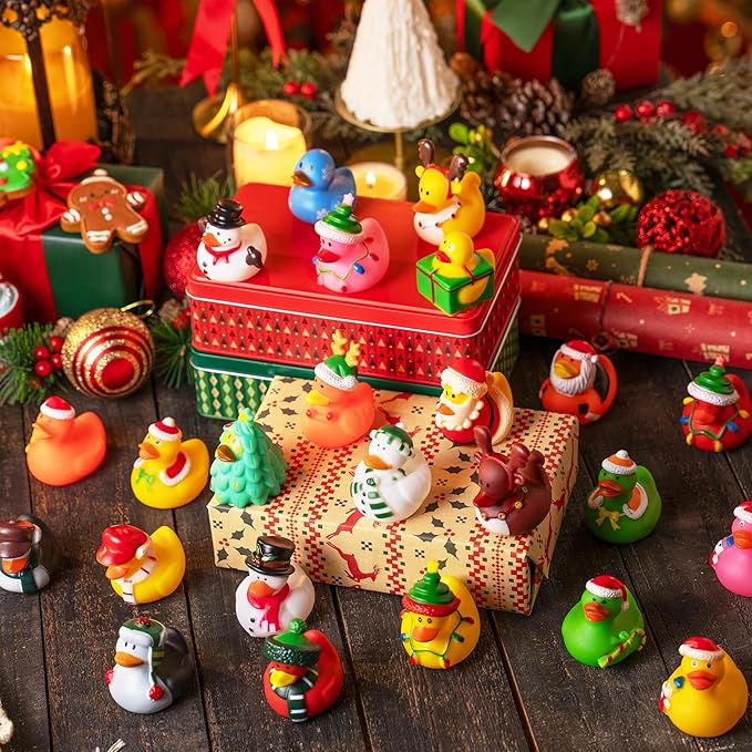 JOYIN 24 Pcs Christmas Ducks Bath Toys, Assorted Cute Rubber Duckies Bulk for Christmas Party Favors, Mini Ducky Baby Bathtub Shower Pool Toys for Kids, Xmas Table Dcorations Stocking Stuffers Gifts