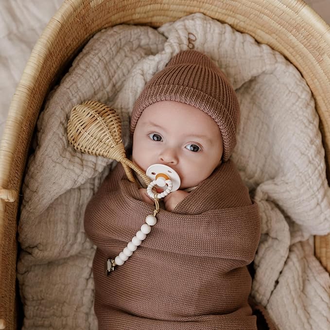 Luladream Pacifier and Clip Set - Natural Rubber Nipple - Soft Teething Handle - for Infants Baby's and Toddlers, 0-18 Months (Camel + Cream + Clips)