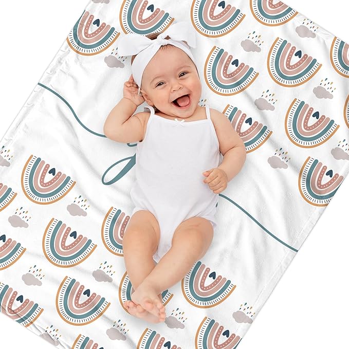 Custom Baby Name Blanket, Personalized Baby Blanket with Boho Rainbow and Hearts, Customized Shower Gift for Girls, Christmas Birthday Expecting Mom Gift for Baby Girls