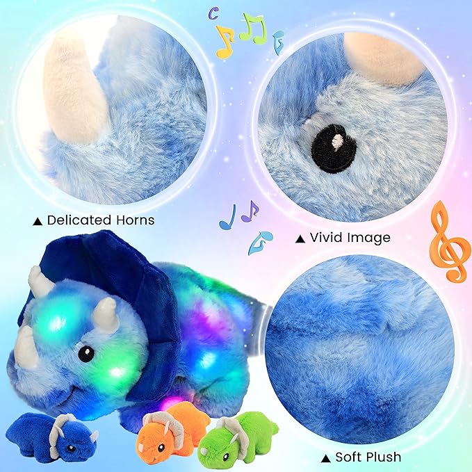 Hopearl LED Musical Stuffed Dinosaur Playset Lighting Up Singing Plush Toy Mommy Triceratops with 3 Babies in her Tummy Adjustable Volume Lullaby Animated Soothe Gifts for Toddlers Boys, Blue, 15”