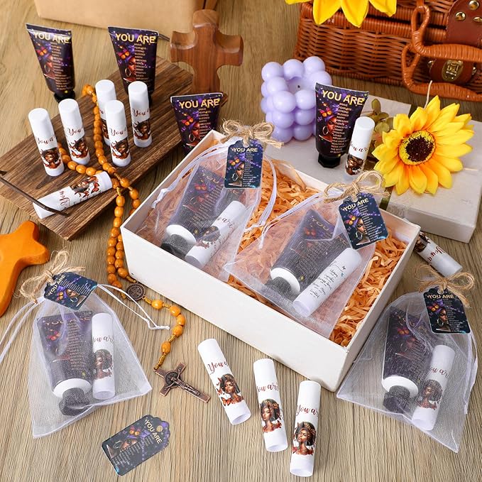 24 Sets Christian Hand Cream and Lip Balm Gift Set Christmas Christian Gift for Women Travel Size Hand Lotion Bible Verse Lip Balm Bulk for Baby Bridal Shower Mom Holiday (African American)