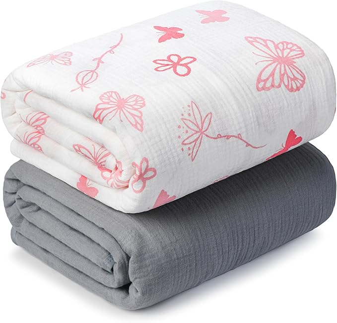 Muslin Swaddle Blankets for Newborn, 2 Pack Breathable Soft Receiving Blanket, Large 41 x 41 inches Swaddle Wrap Burping Clothes, Essentials Infant Shower Items. (Gray & Pink Butterfly)