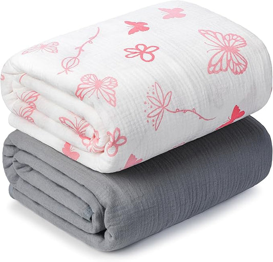 Muslin Swaddle Blankets for Newborn, 2 Pack Breathable Soft Receiving Blanket, Large 41 x 41 inches Swaddle Wrap Burping Clothes, Essentials Infant Shower Items. (Gray & Pink Butterfly)